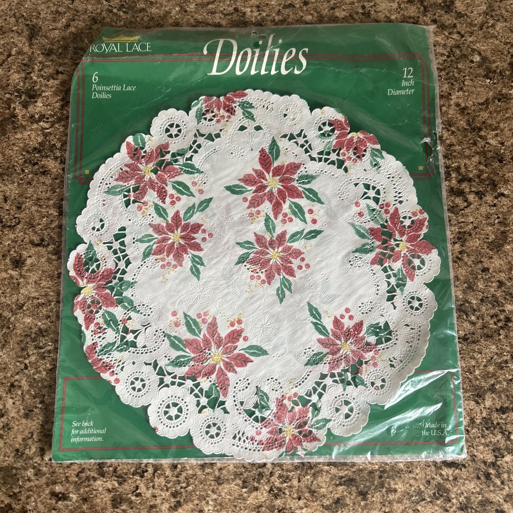 6 pcs 12" Vtg Doilies Christmas‎ Holiday Poinsettia Royal Lace NOS Flowers Paper